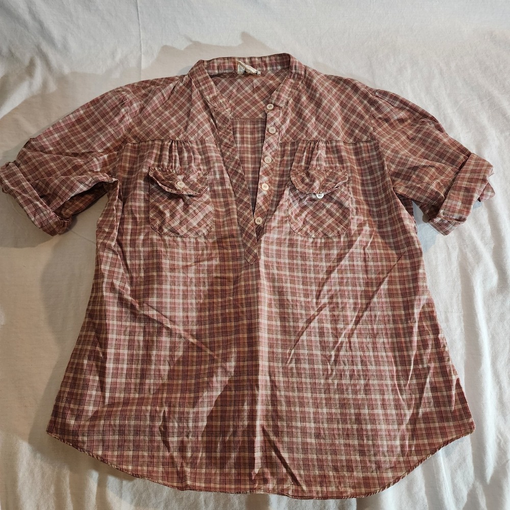 Rose Best Quality Womens Western Henley Checkered Blouse size 38 Retro Vintage